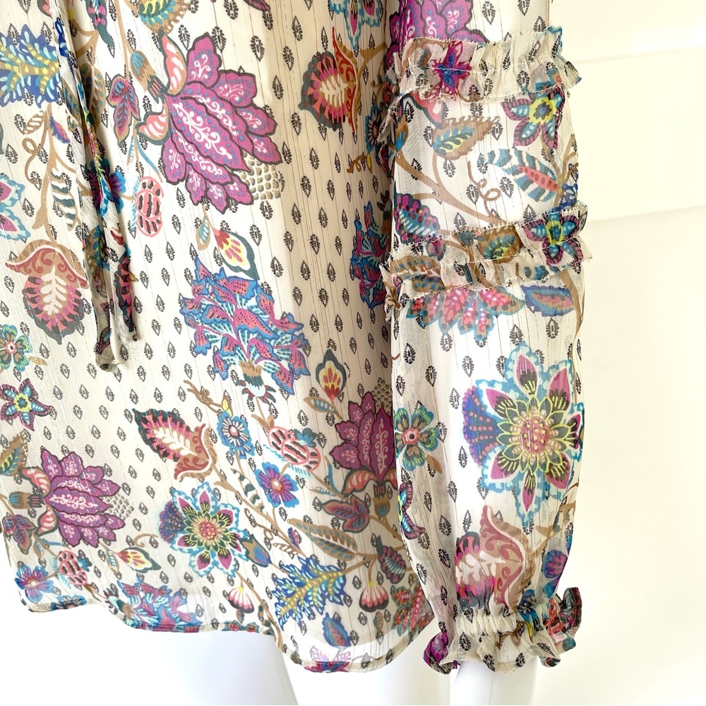 LOFT Ann Taylor Chiffon Bohemian Blouse Shimmer Vine Smocked Ruffle Tie Neck - Picture 8 of 16